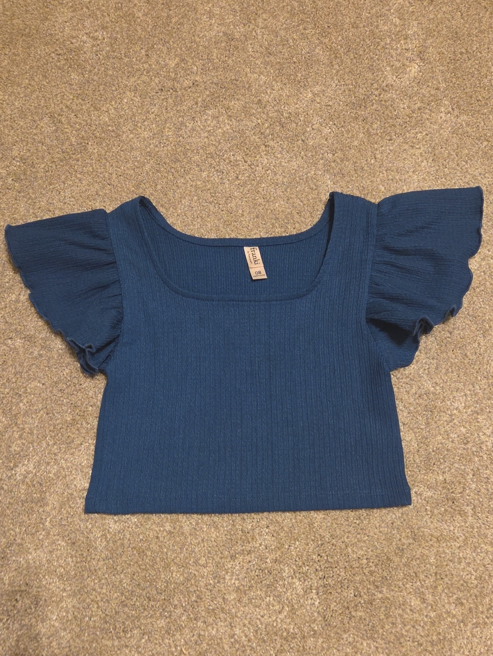 Girls Ribbed Square Neck Flutter Sleeve Top - Deep Teal